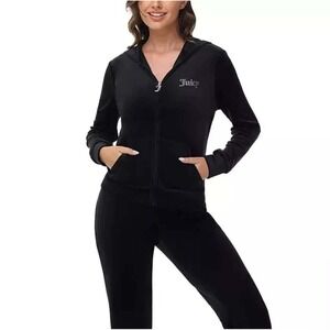 Juicy Couture Mean Girls Black Velour Rhinestone Zip Hoodie Jacket Women L NWT